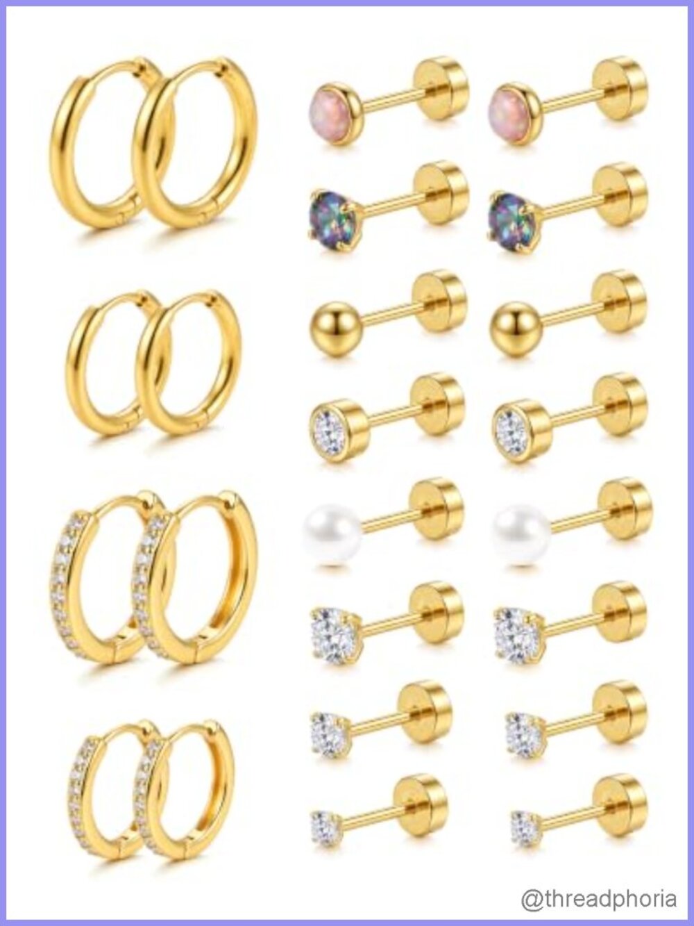 18K Gold Plated Surgical Steel Flat Back Stud Hoop Earring Set